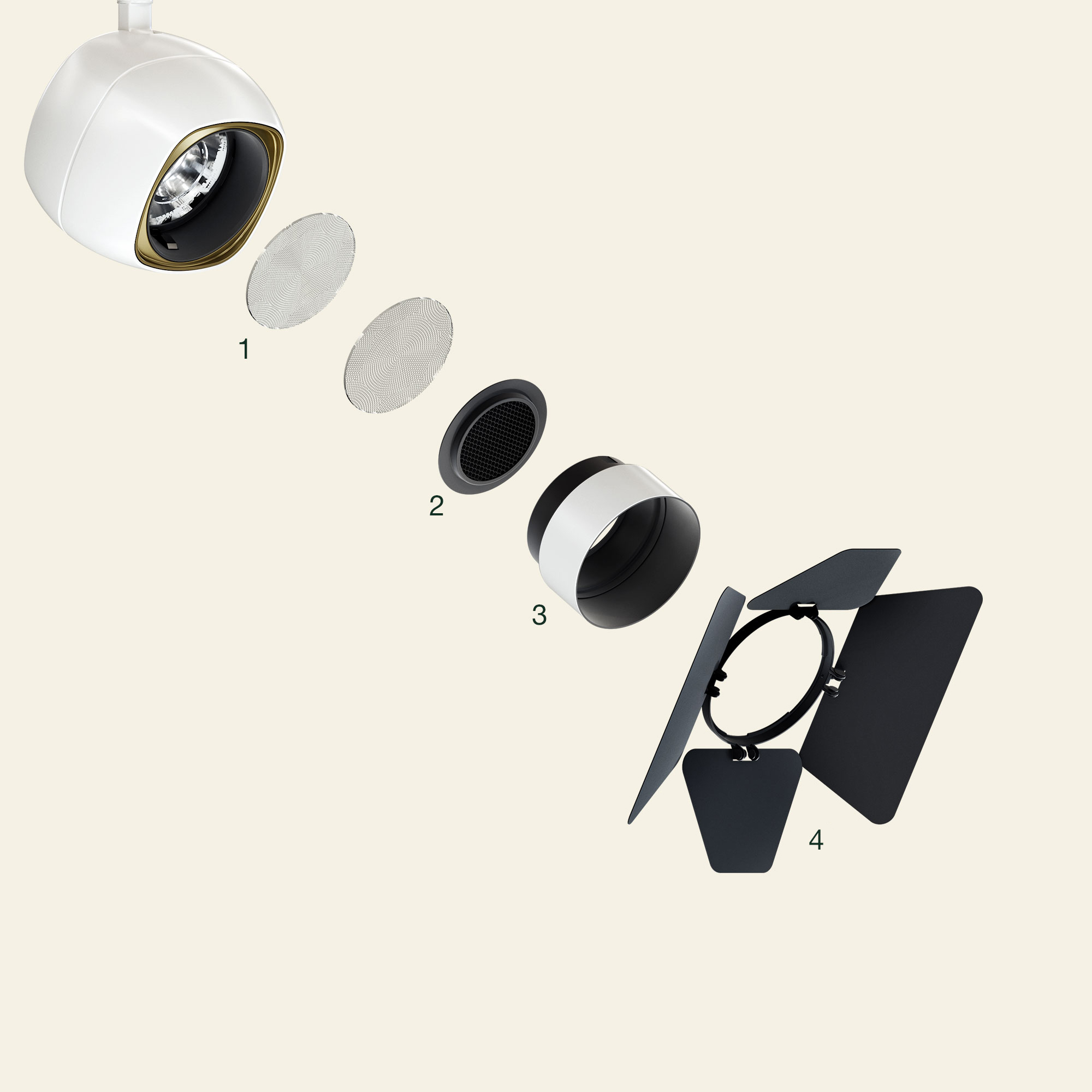 <div class="text-up content font-size-s helvetica-light"><strong style="font-size: 2em;">Up to 4 accessories simultaneously</strong>
<div style="font-size: 2rem;">Up to 3 internal and 1 external optical accessory can be installed simultaneously, to create a custom effect<br />
&nbsp;</div>

<div class="helvetica-light" style="font-size: 1rem;"><strong>1</strong> Opti Beam Refractor (Medium, Flood, Wide Flood, Very Wide Flood, Wall Washer, Oval, Soft Lens)<br />
<strong>2</strong> Honeycomb<br />
<strong>3</strong> Snoot<br />
<strong>4</strong>&nbsp;Directional Flaps</div>
</div>
